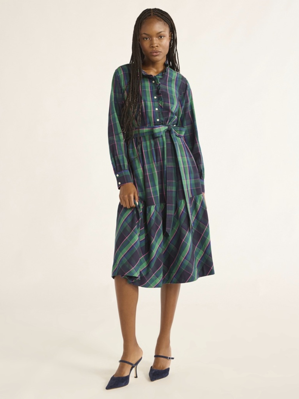 Green and Navy Plaid Button-Front Midi Dress - Picture 5 of 6